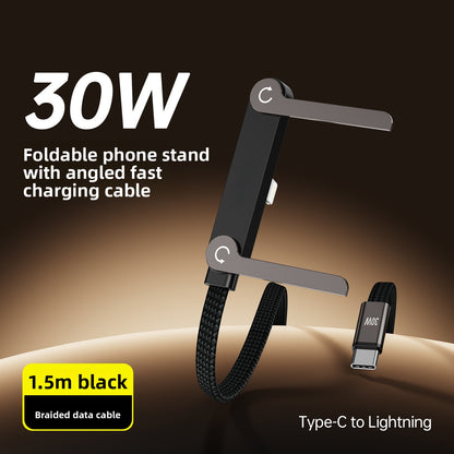 Mobile phone charging stand with angled fast-charging cable, black braided Type-C to Lightning