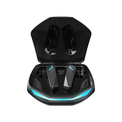 Black earbuds charging case closed, blue light ring and two indicator LEDs