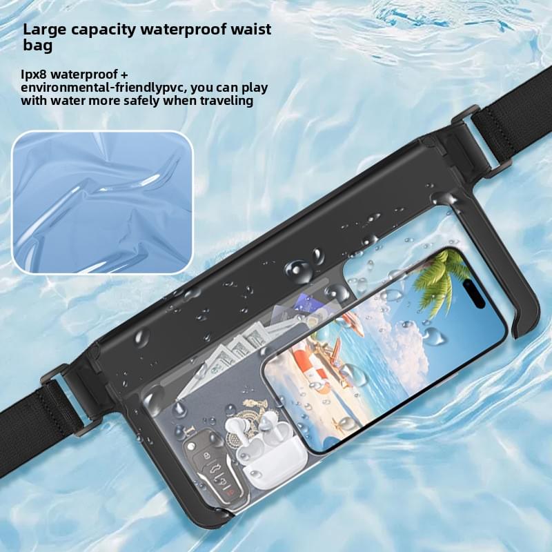 Waterproof phone waist pack with black strap and clear front window, holding a phone