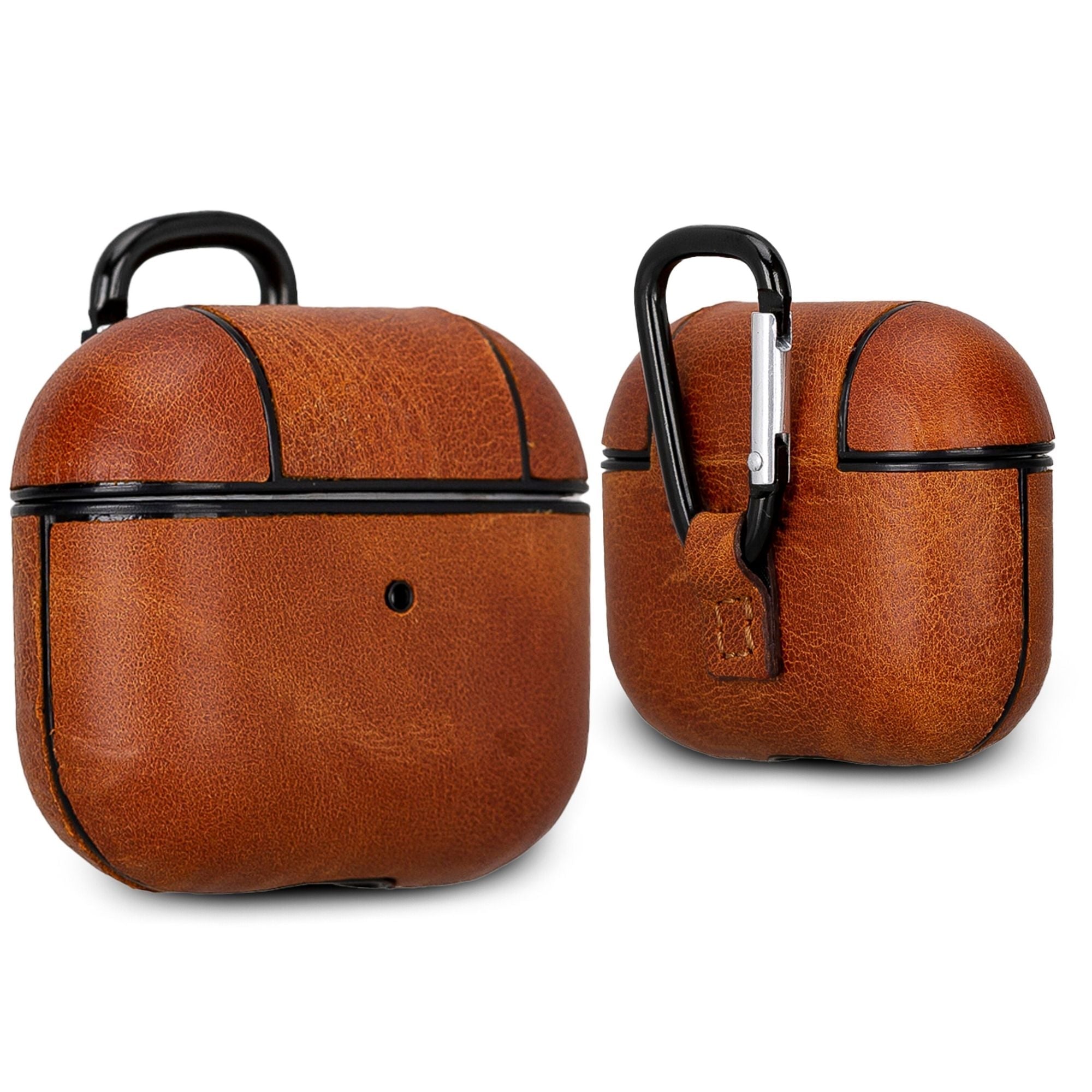 Gillette leather AirPods case in dark brown, with front latch and carabiner hook