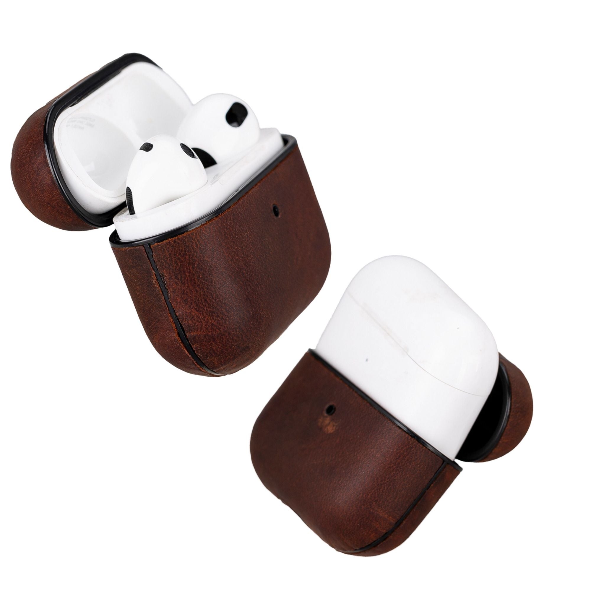 Gillette leather AirPods case in dark brown, with black edge trim and open top for earbuds