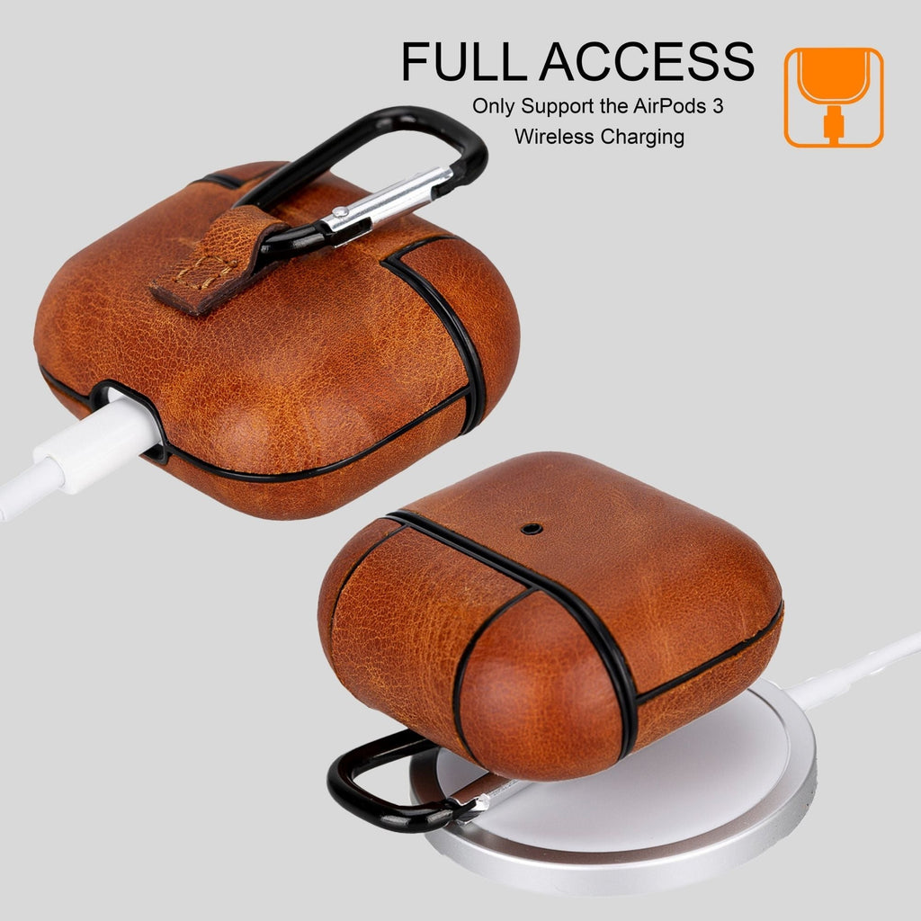 Gillette leather AirPods case in brown, with carabiner hook and open charging access