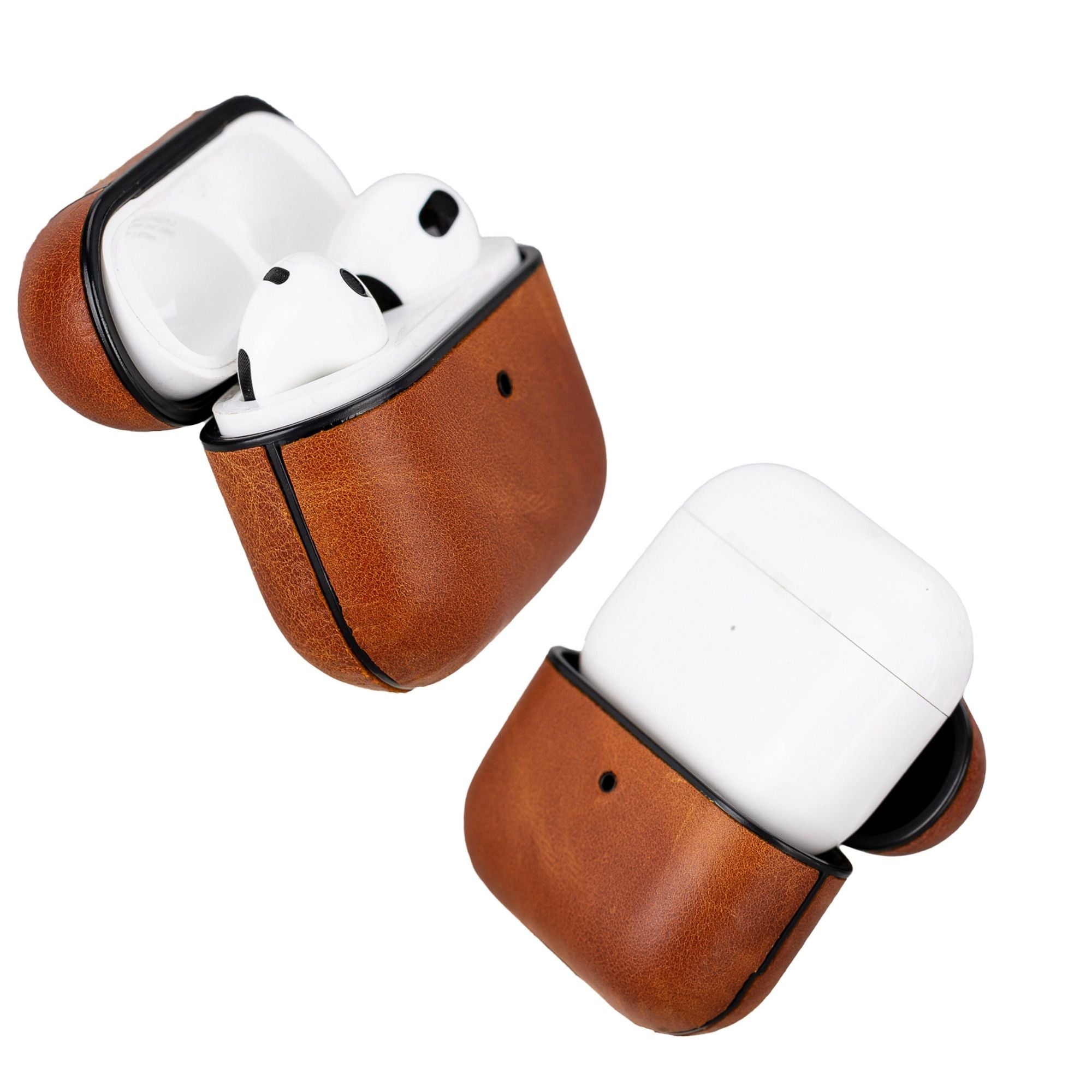 Gillette leather AirPods case in tan, with black edge trim and open top for earbuds