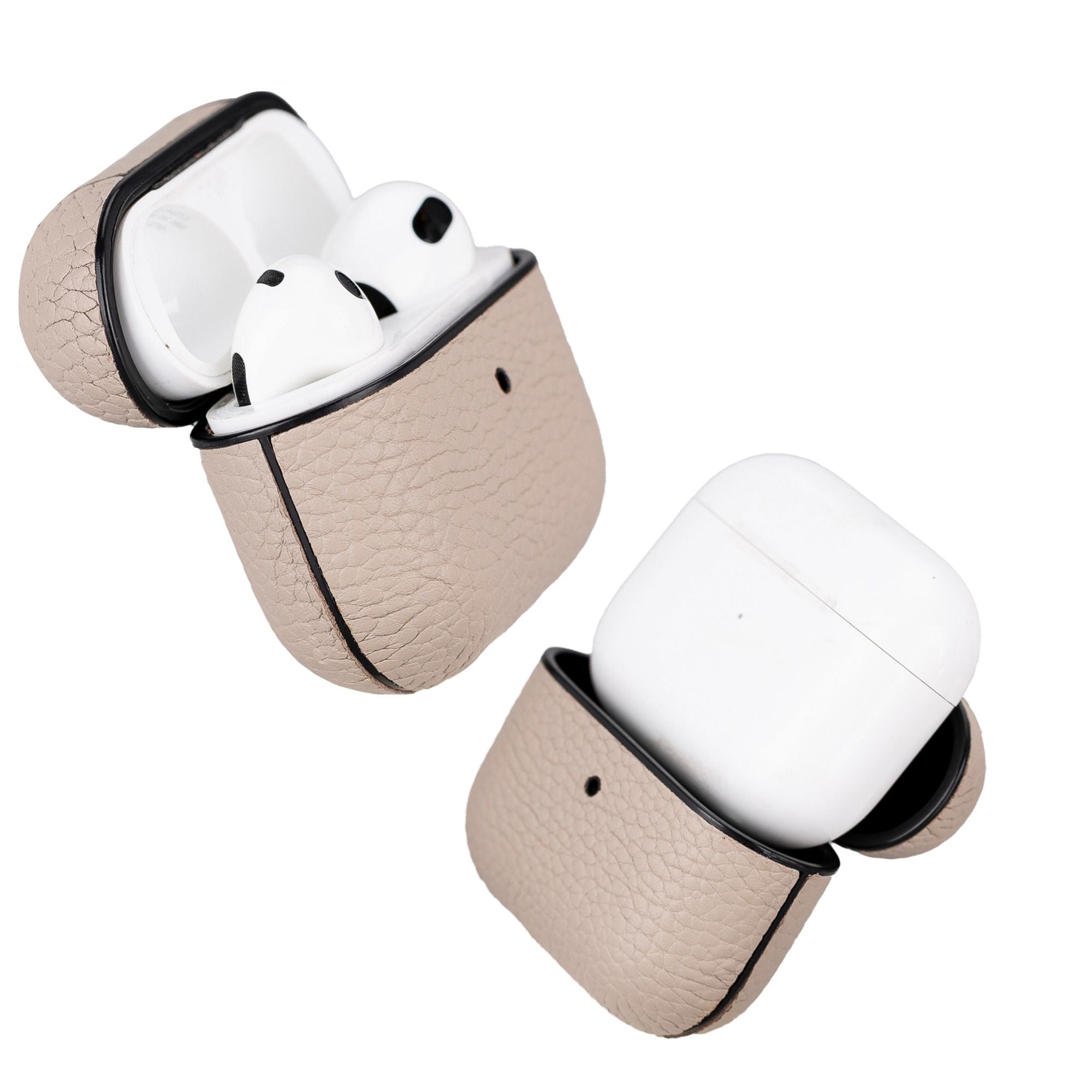 Gillette leather AirPods case in light beige, with black edge trim and open top for earbuds