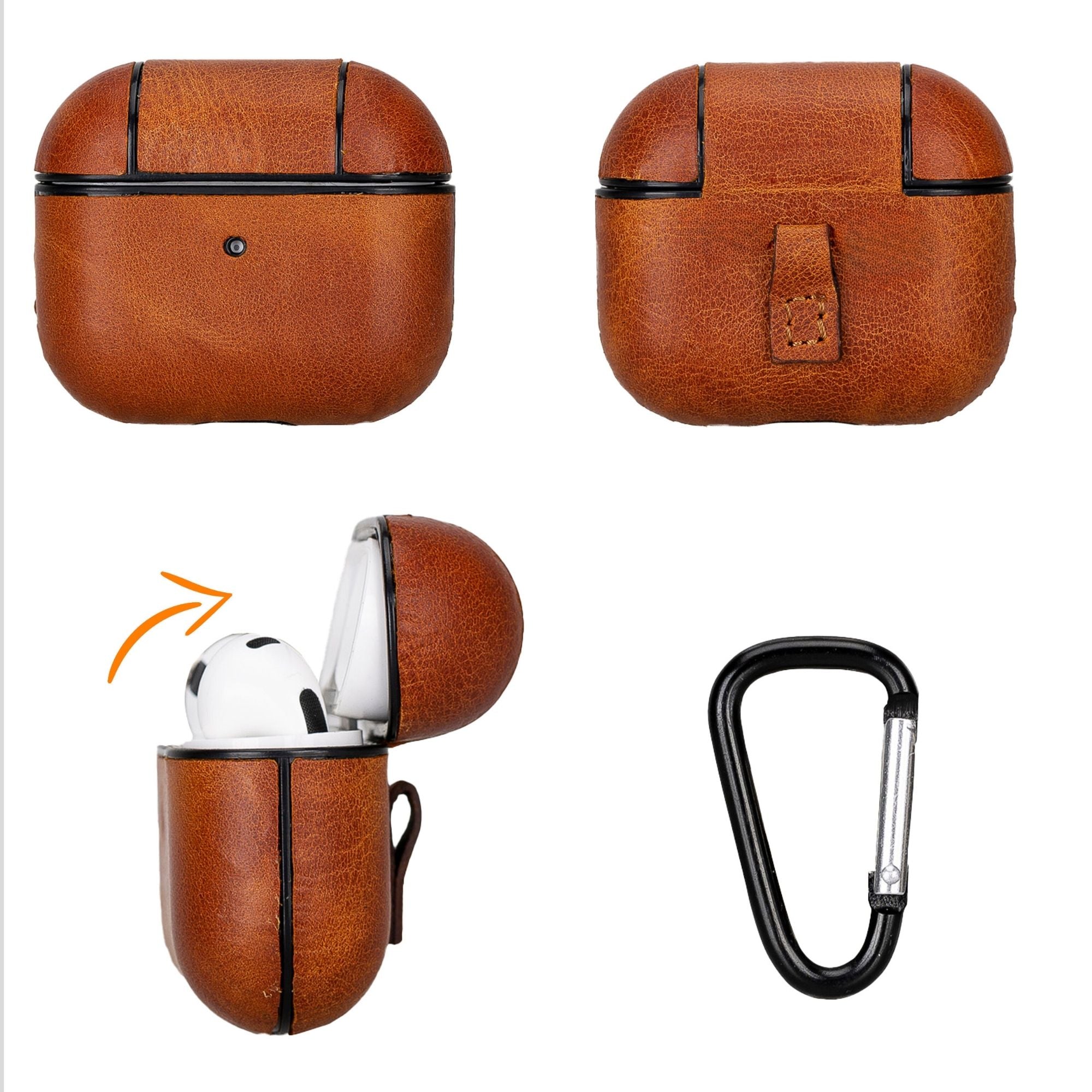 Gillette leather AirPods case in brown, with carabiner hook and front latch detail