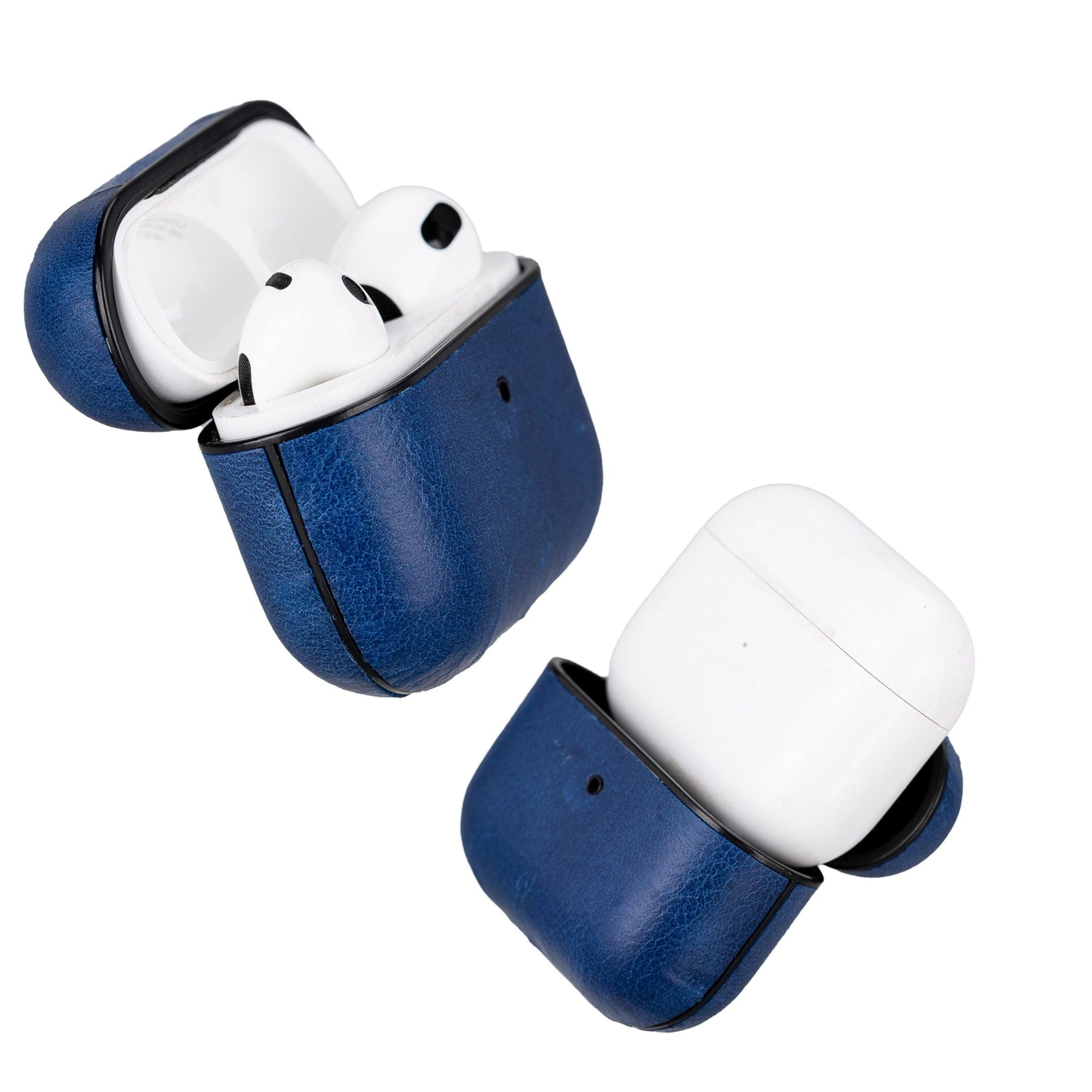 Gillette leather AirPods case in dark blue, with black edge trim and open top for earbuds