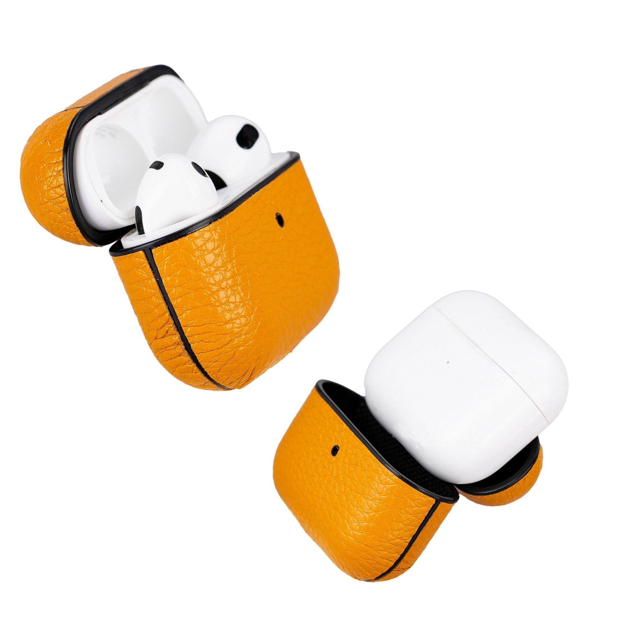 Gillette leather AirPods case in yellow, with black edge trim and open top for earbuds
