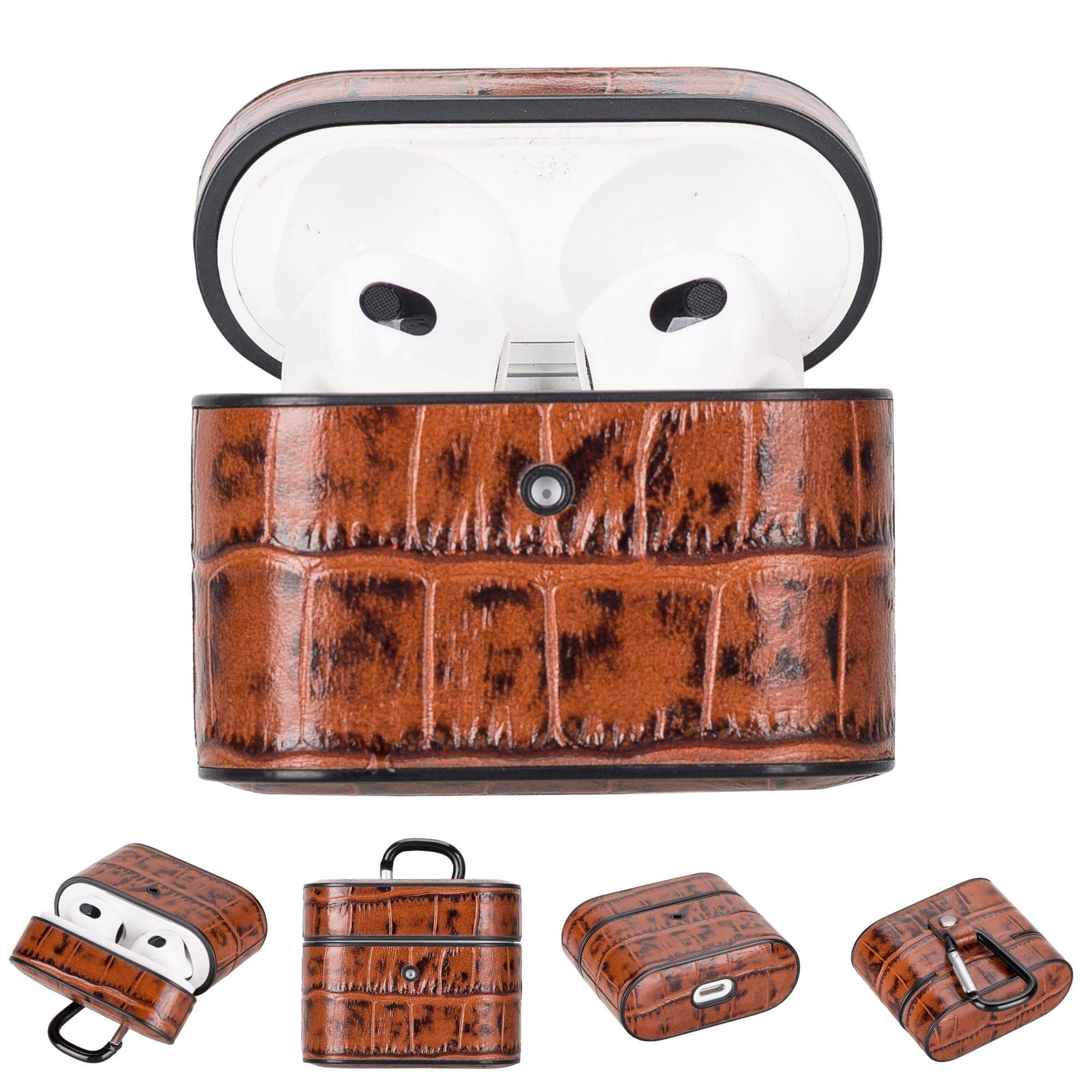 Brown leather AirPods 3 case with earbuds inside, textured finish.
