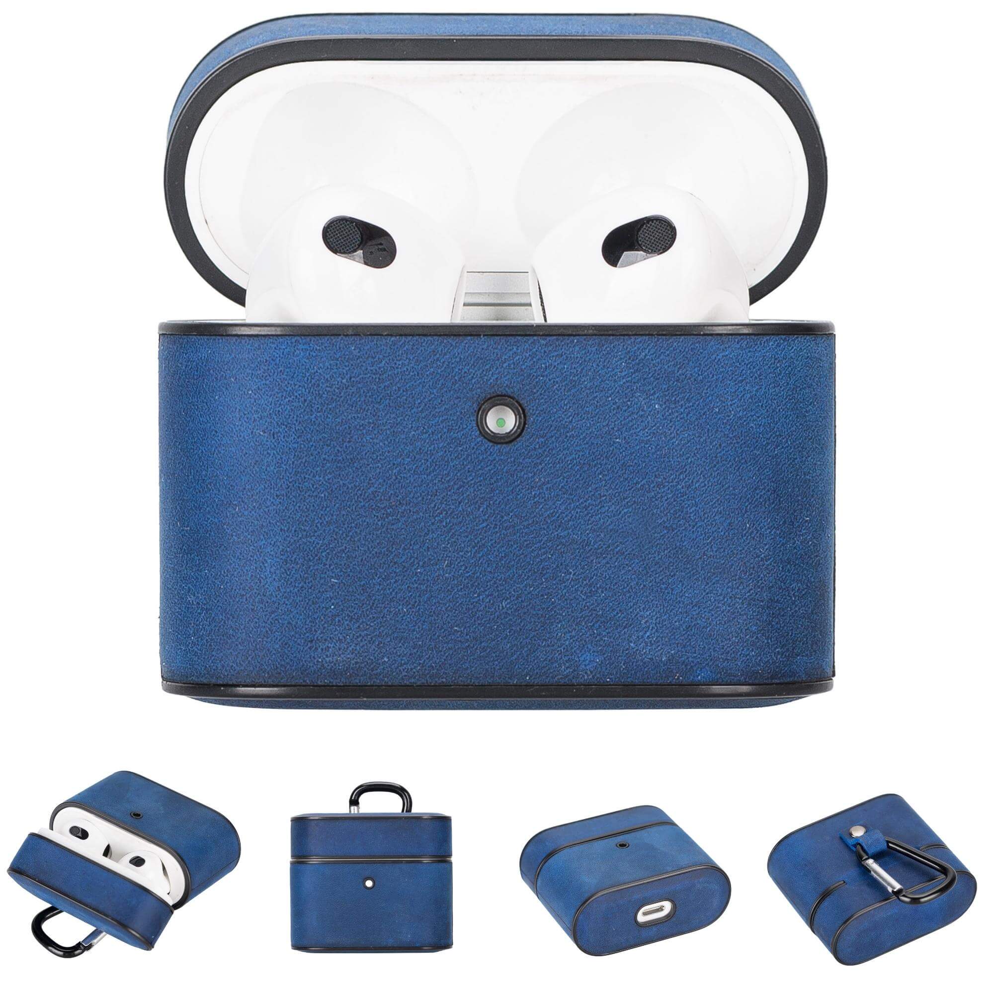 Dark blue leather AirPods 3 case with earbuds inside, hinged lid.