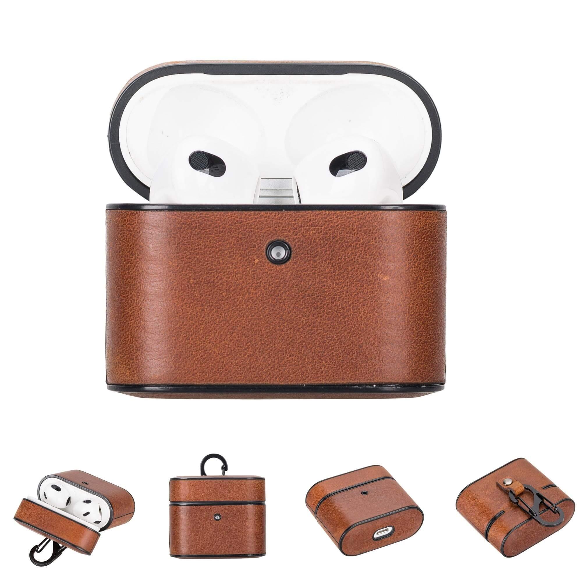 Tan leather AirPods 3 case with earbuds inside, hinged lid.