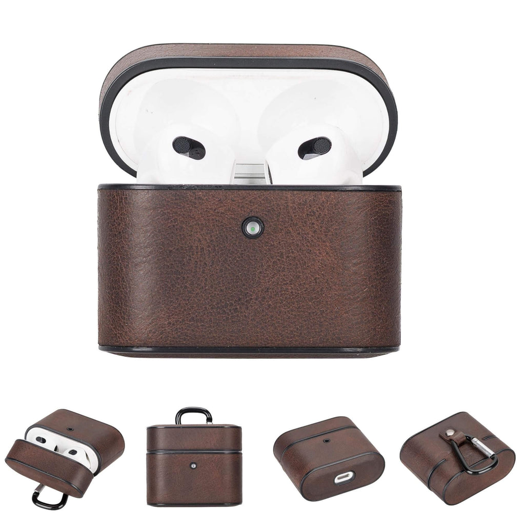 Dark brown leather AirPods 3 case with earbuds inside, hinged lid.