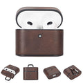 Dark brown leather AirPods 3 case with earbuds inside, hinged lid.