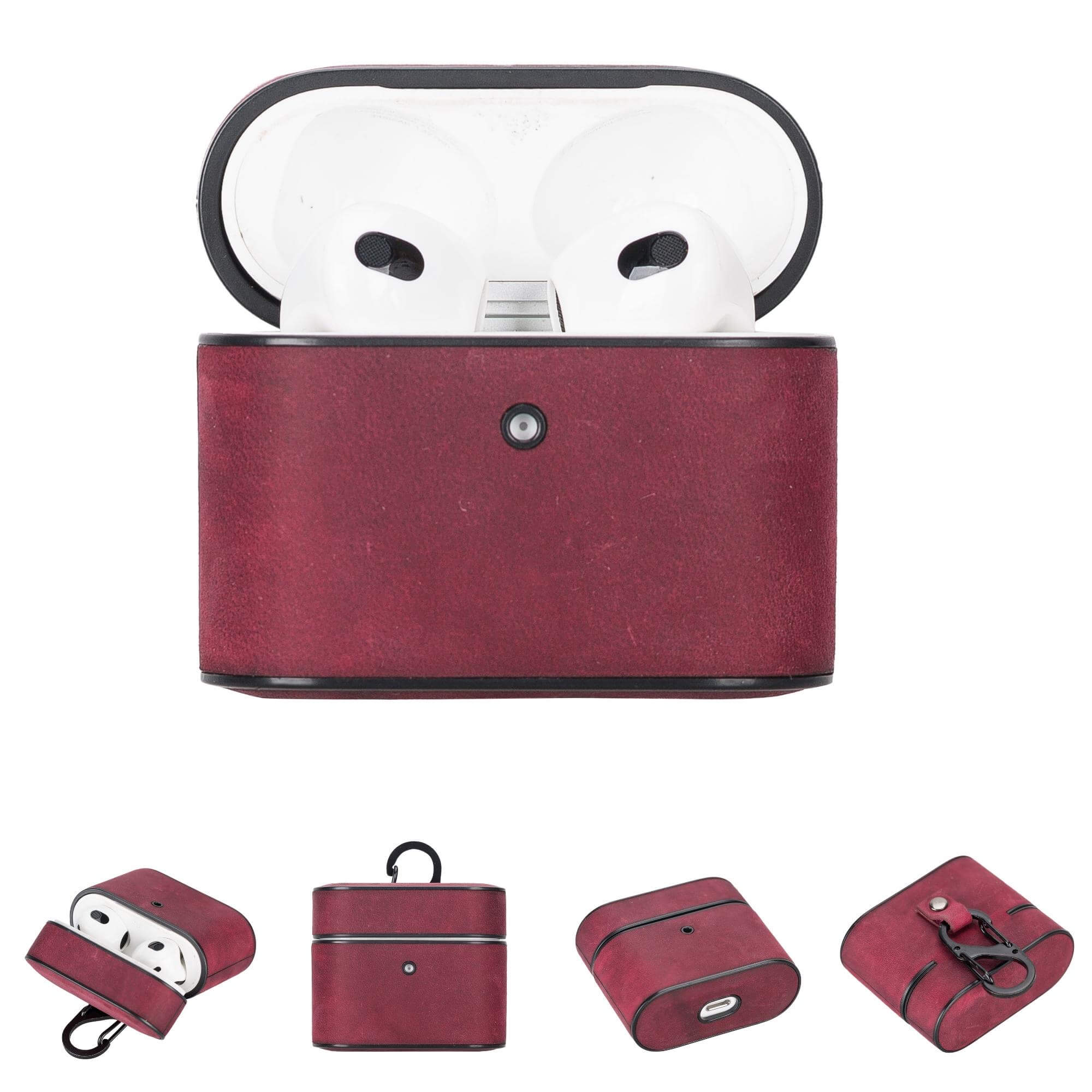 Burgundy leather AirPods 3 case with earbuds inside, hinged lid.