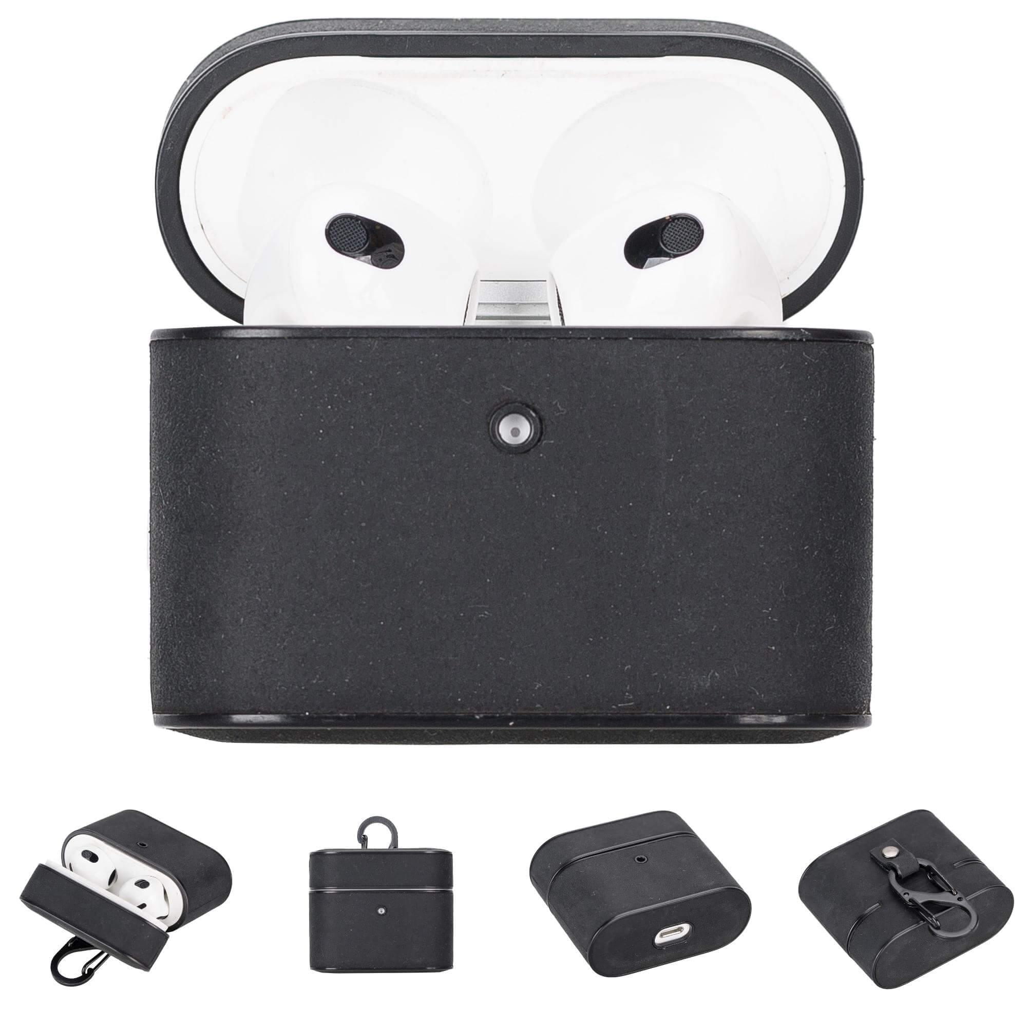 Black leather AirPods 3 case with earbuds inside, hinged lid.