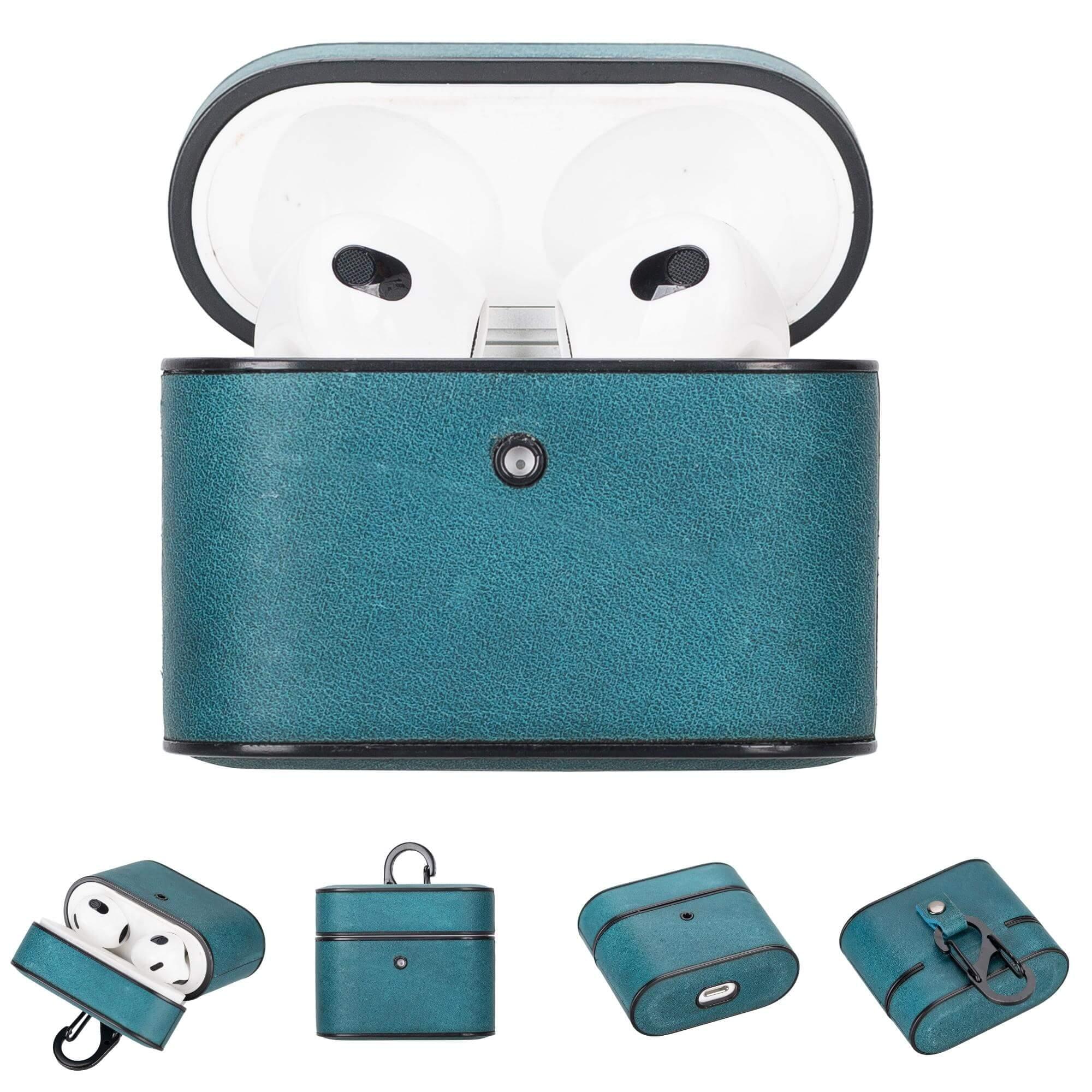 Turquoise leather AirPods 3 case with earbuds inside, hinged lid.