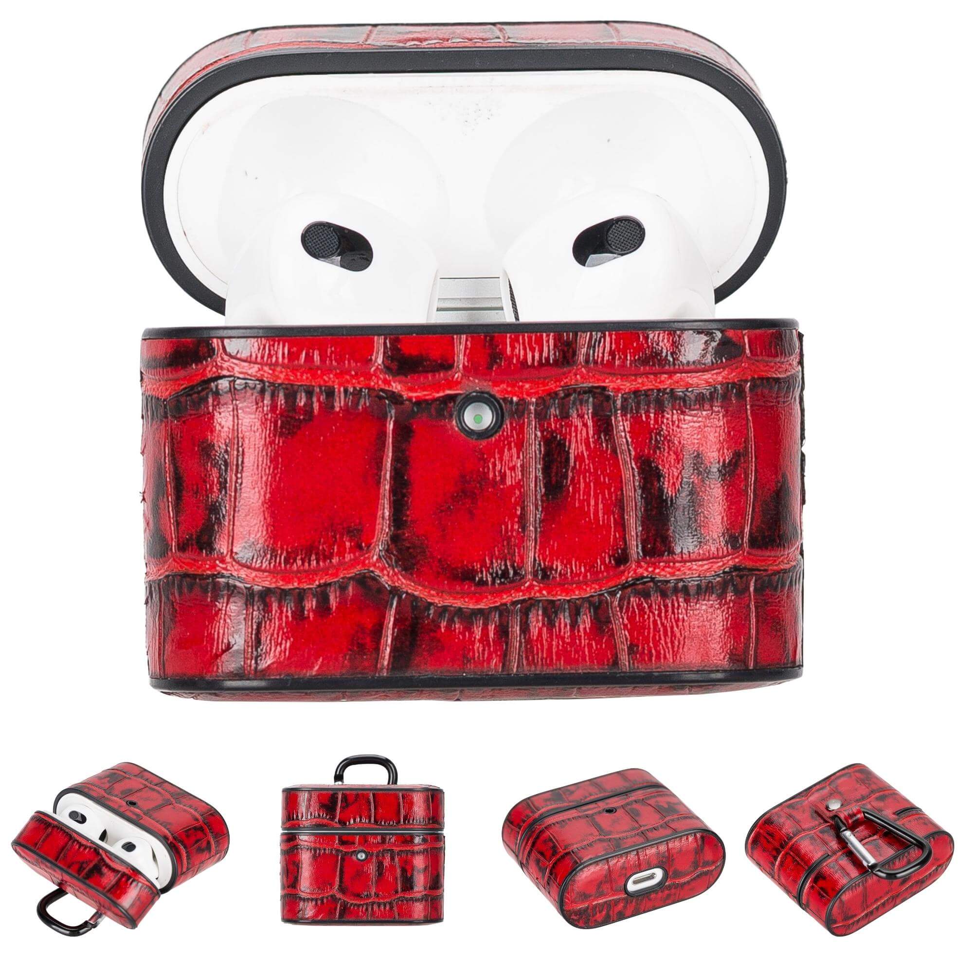 Red leather AirPods 3 case with earbuds inside, hinged lid.