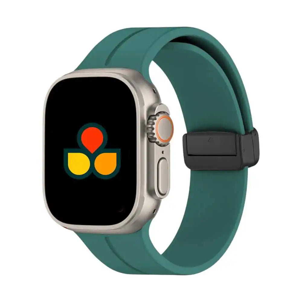 Silicone smartwatch strap in pine green, with adjustable buckle and pin holes