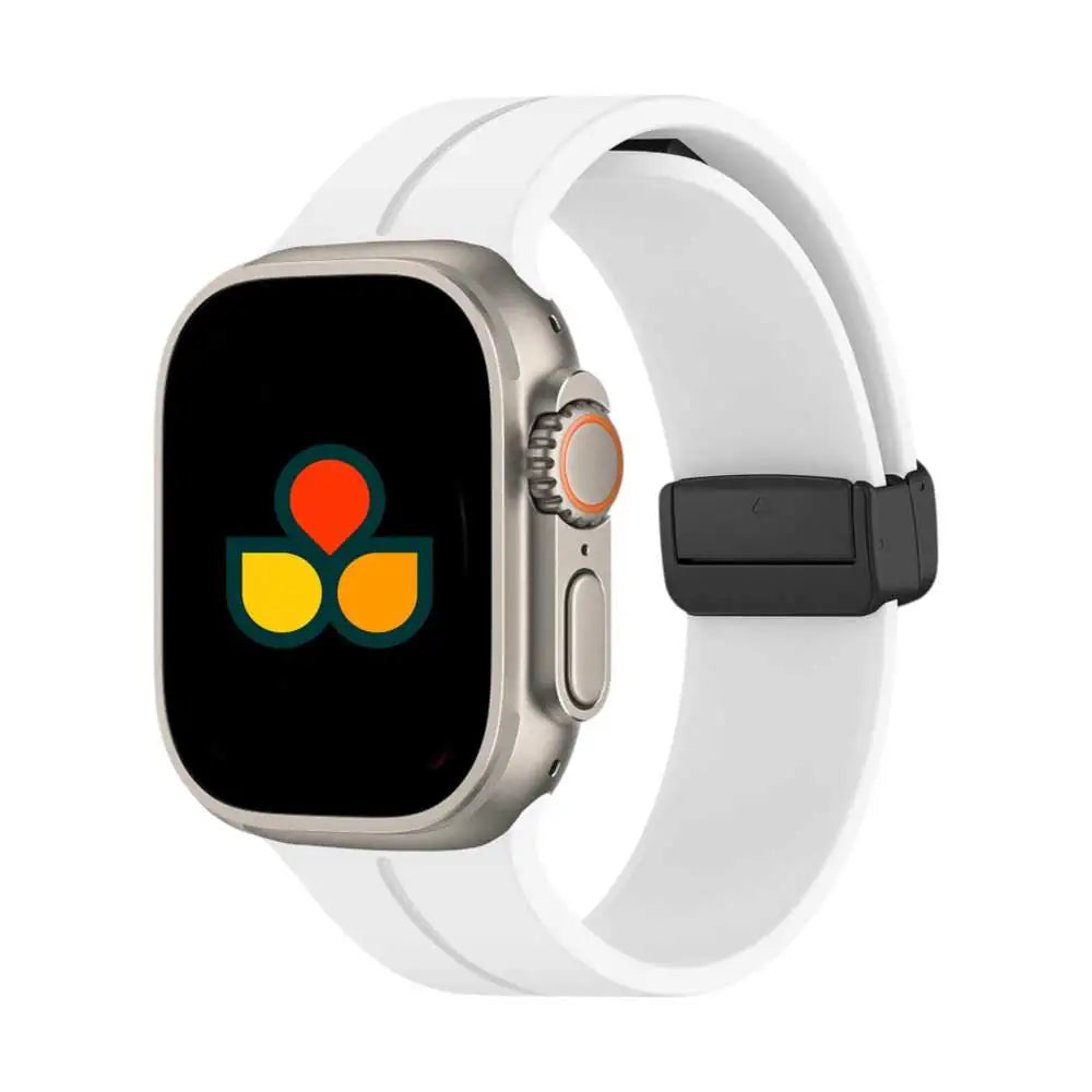 Silicone watch strap in white with black buckle and multiple adjustment holes