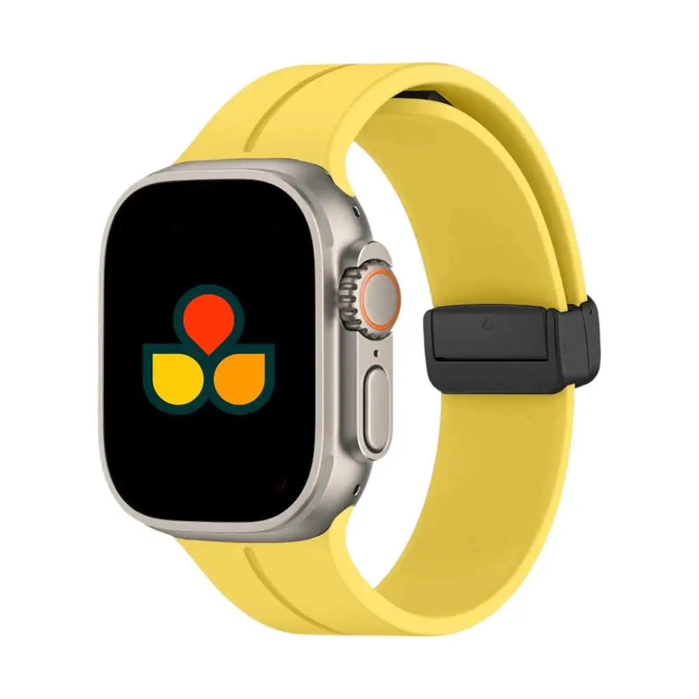 Silicone watch strap in yellow with black buckle and smartwatch face detail