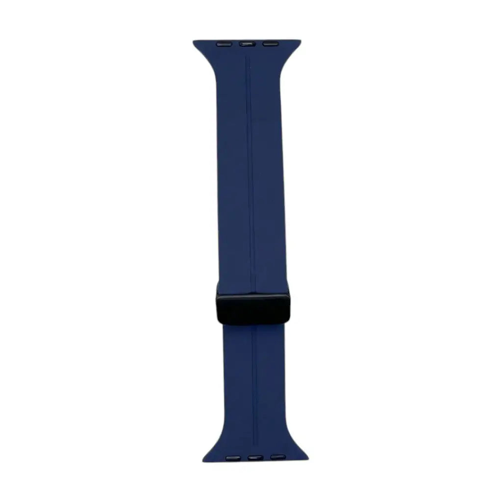 Navy blue silicone smartwatch strap with black clasp and pin holes