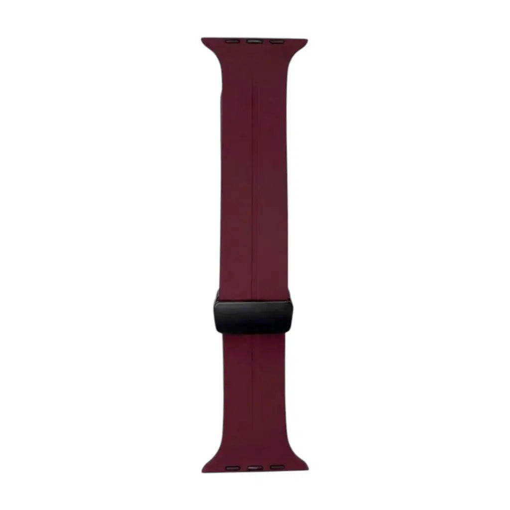 Burgundy silicone smartwatch strap with black clasp and vented pin holes