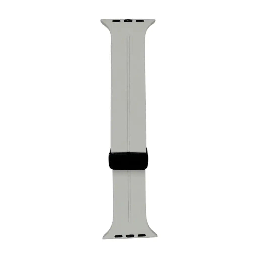 Silicone watch strap in light gray with black buckle and multiple adjustment holes