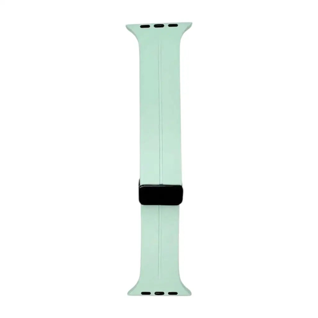 Silicone watch strap in mint green with black buckle and multiple adjustment holes