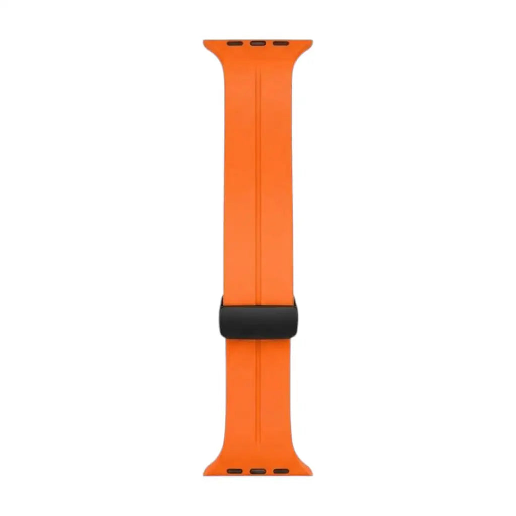 Orange silicone smartwatch strap with black clasp and perforated pin holes