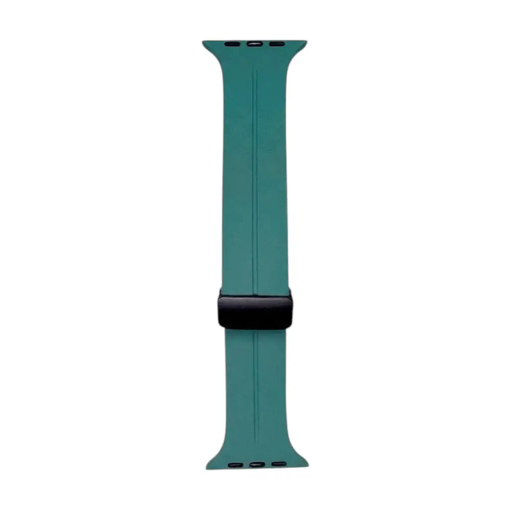 Silicone watch strap in pine green with black buckle and multiple adjustment holes