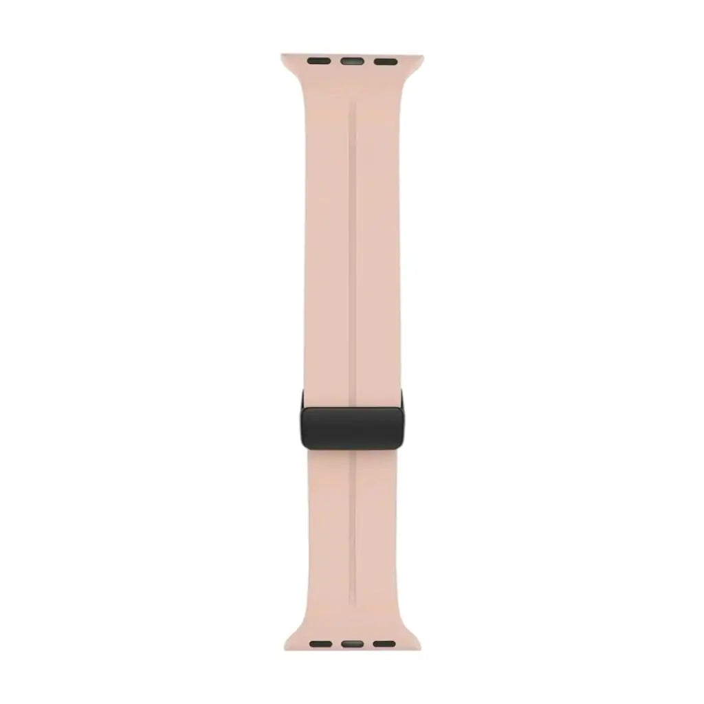 Silicone watch strap in light pink with black buckle and multiple adjustment holes