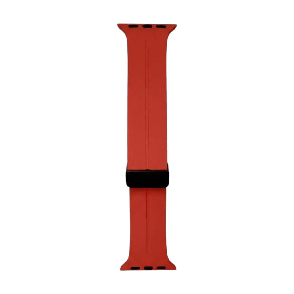 Red silicone smartwatch strap with perforation rows and black clasp