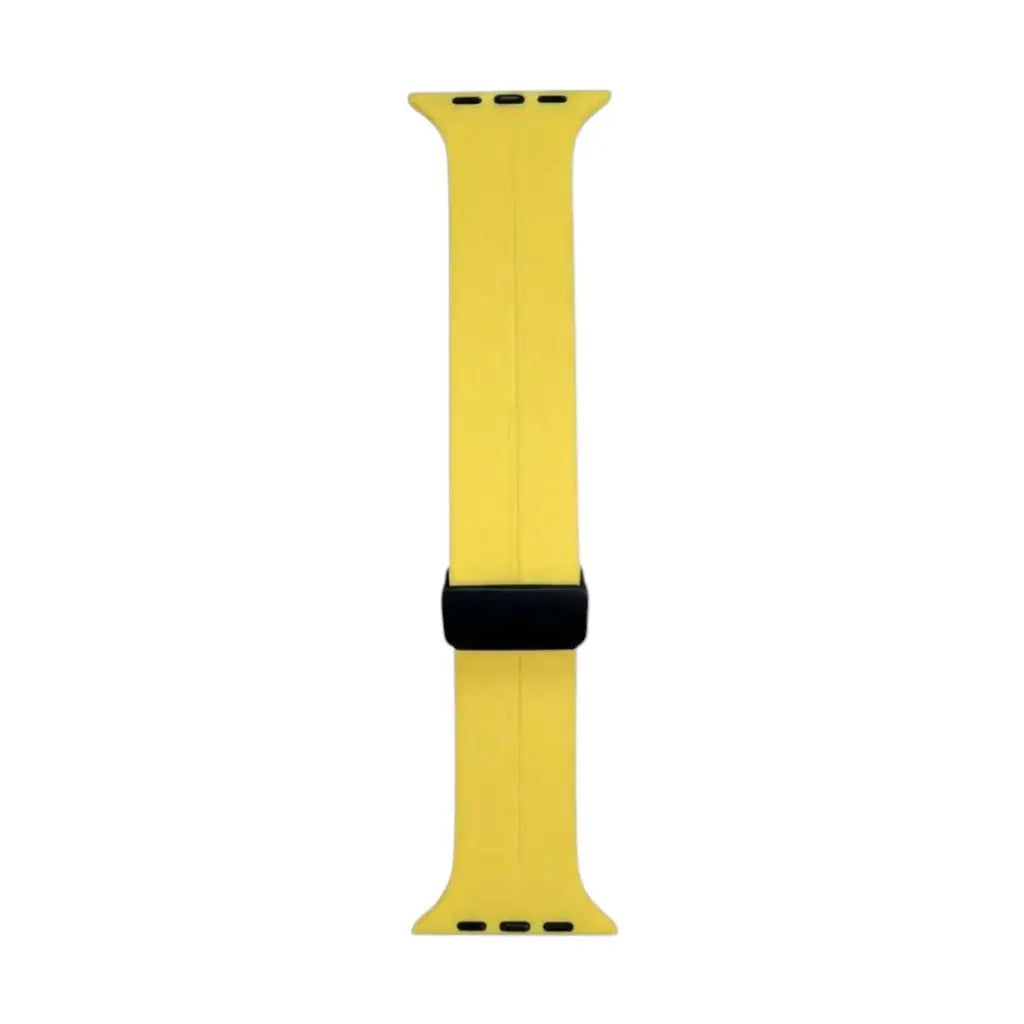 Silicone watch strap in yellow with black buckle and perforated band holes