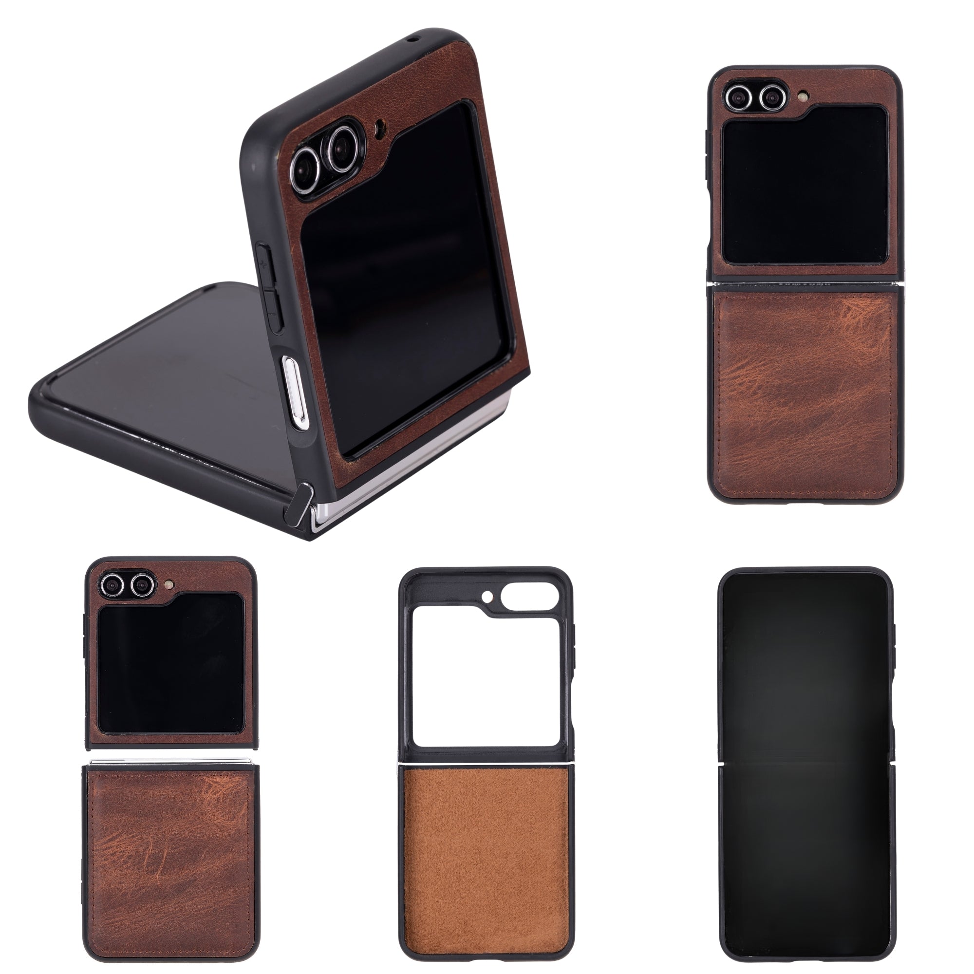 Miami Z Flip 5 case in dark brown with flip cover, plus tan and black panels