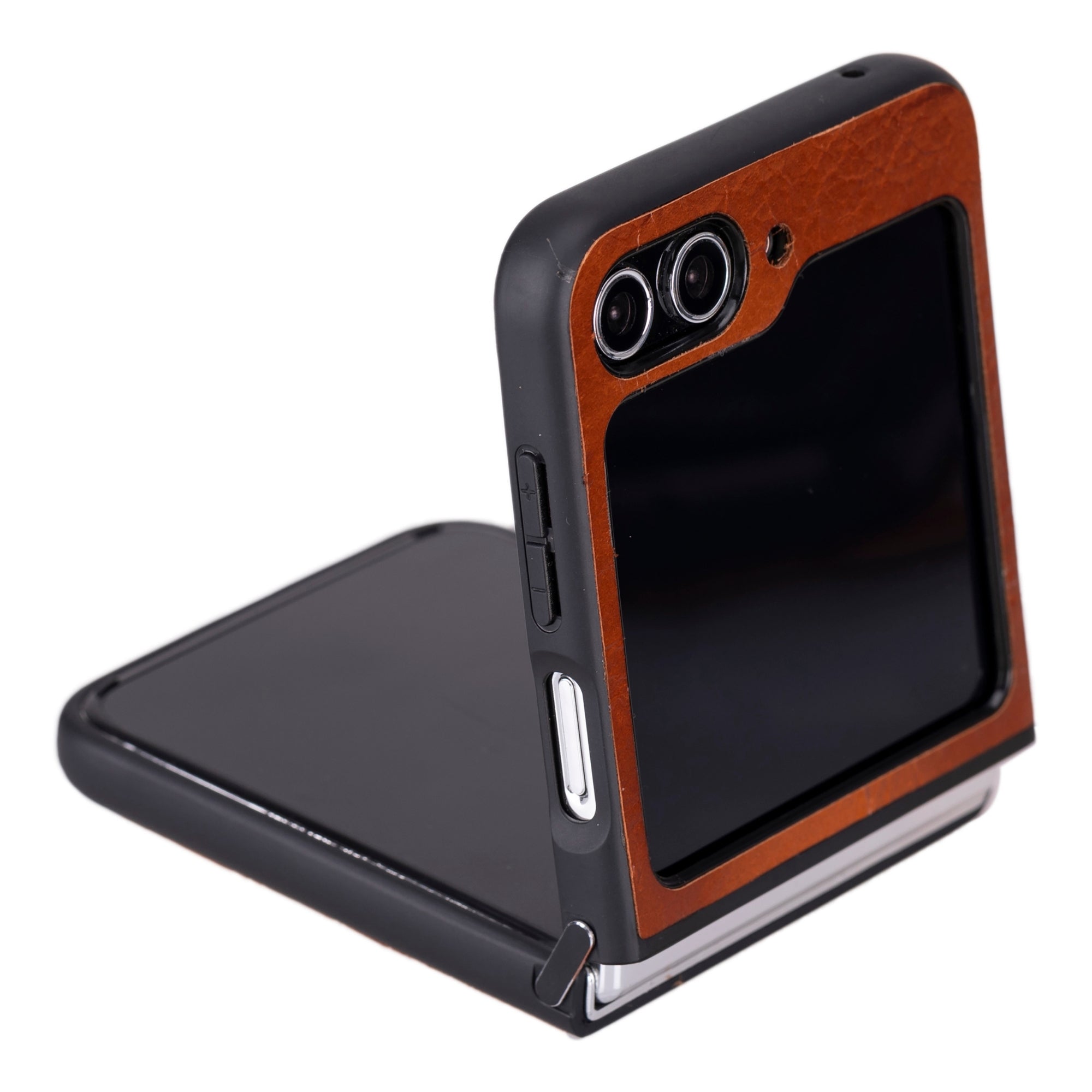 Miami Z Flip 5 case close-up, orange-brown leather texture with dual camera cutouts