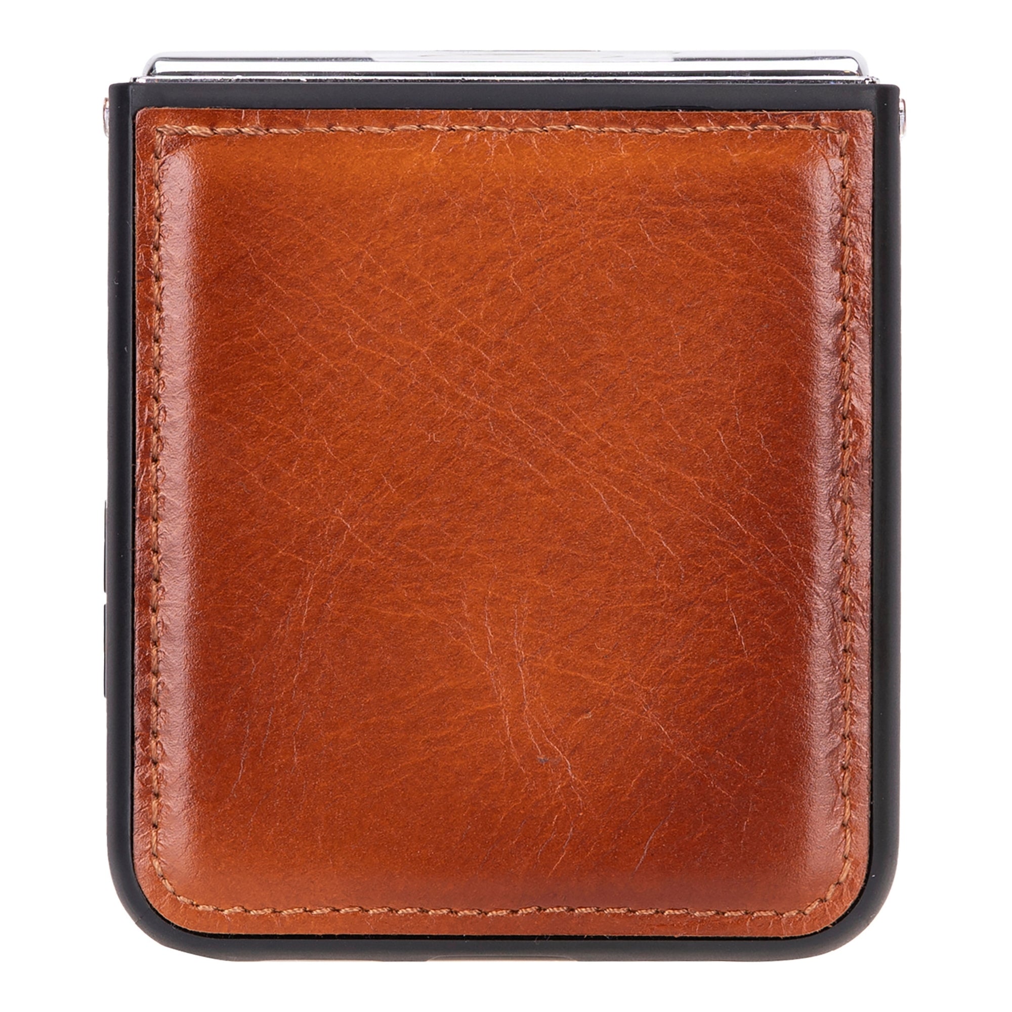 Miami Z Flip 5 case close-up, brown leather pocket with stitched edges