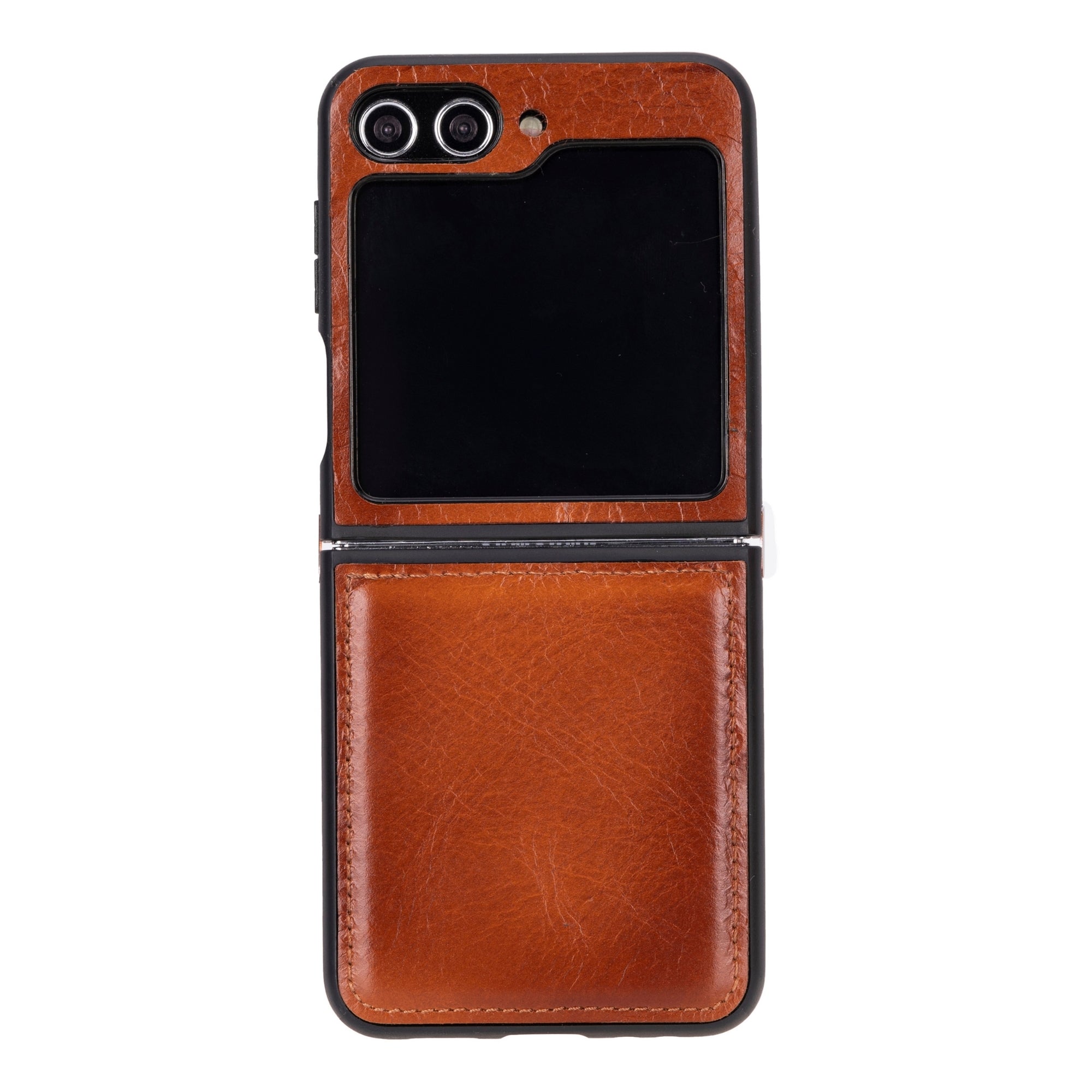 Miami Z Flip 5 case in tan/brown leather with front pocket and camera cutouts