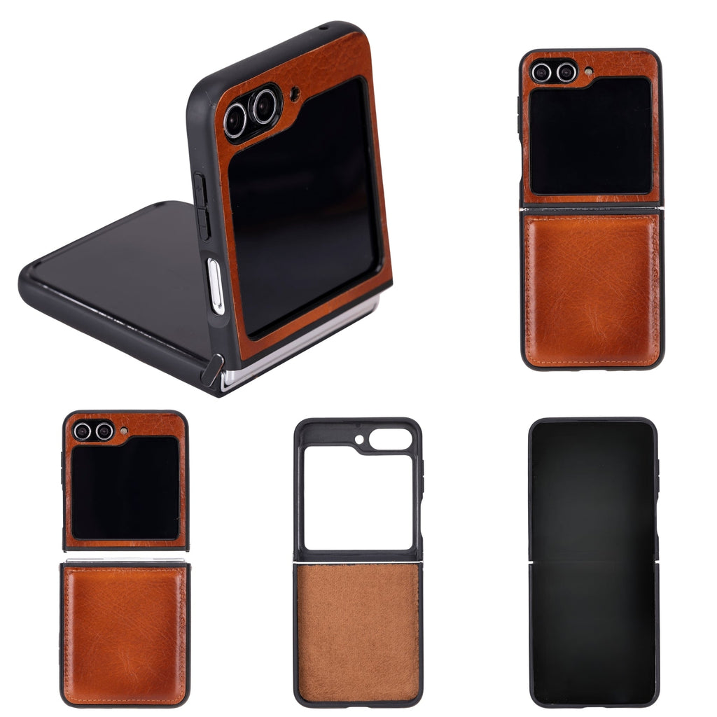 Miami Z Flip 5 case in orange-brown leather with flip cover, shown with tan and black options