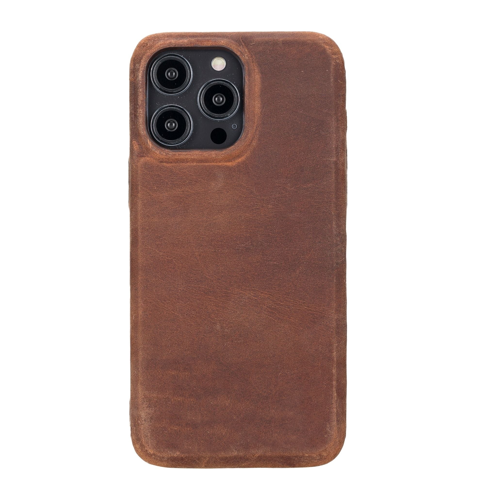 Dark brown leather snap-on phone case with triple camera cutouts