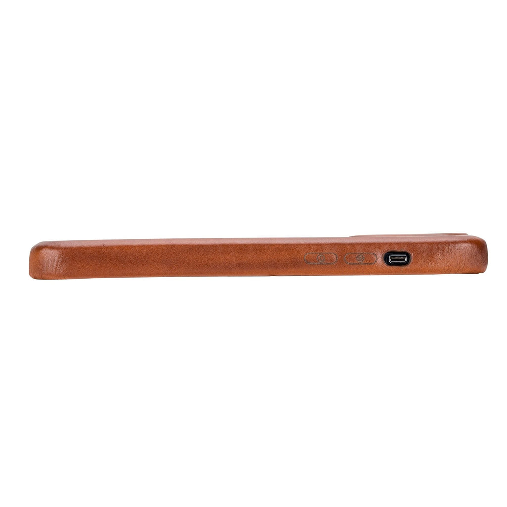 Tan leather snap-on phone case showing side controls and port opening