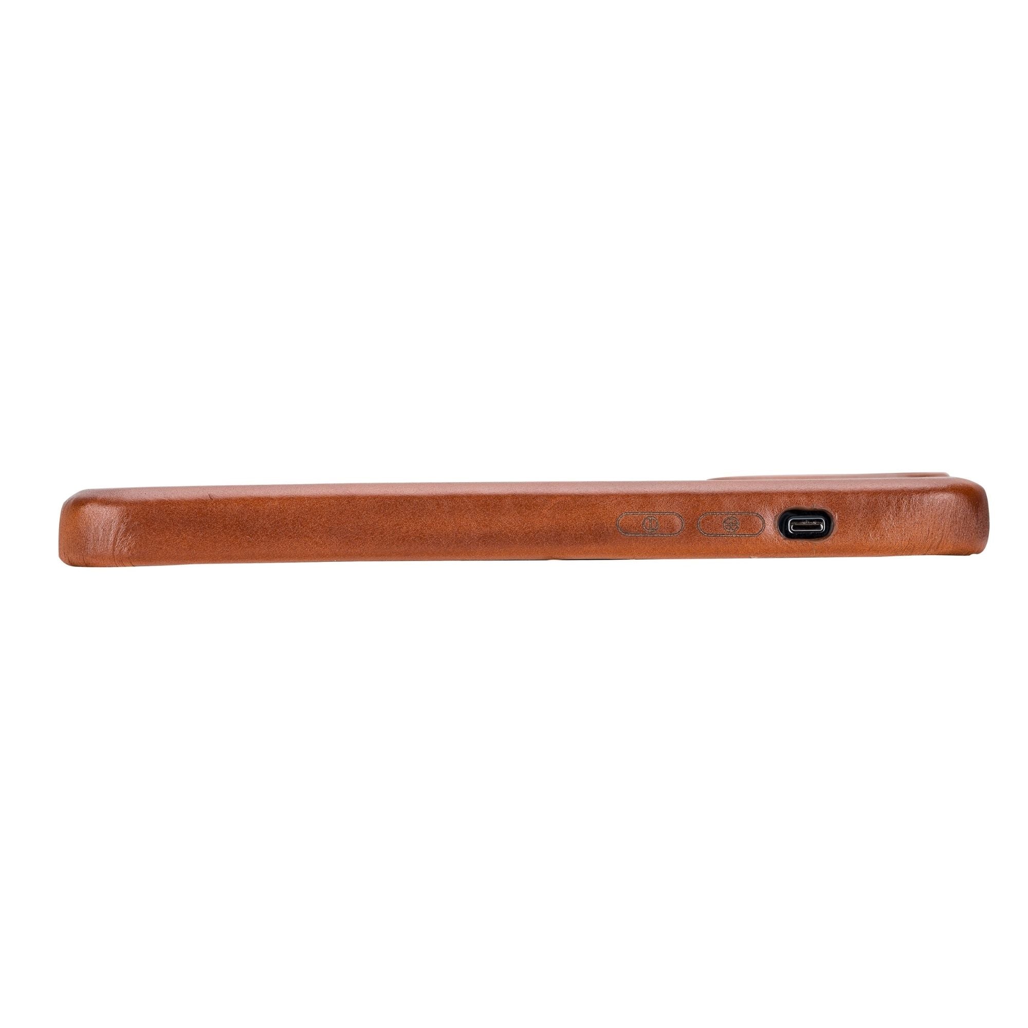 Tan leather snap-on phone case showing side controls and port opening