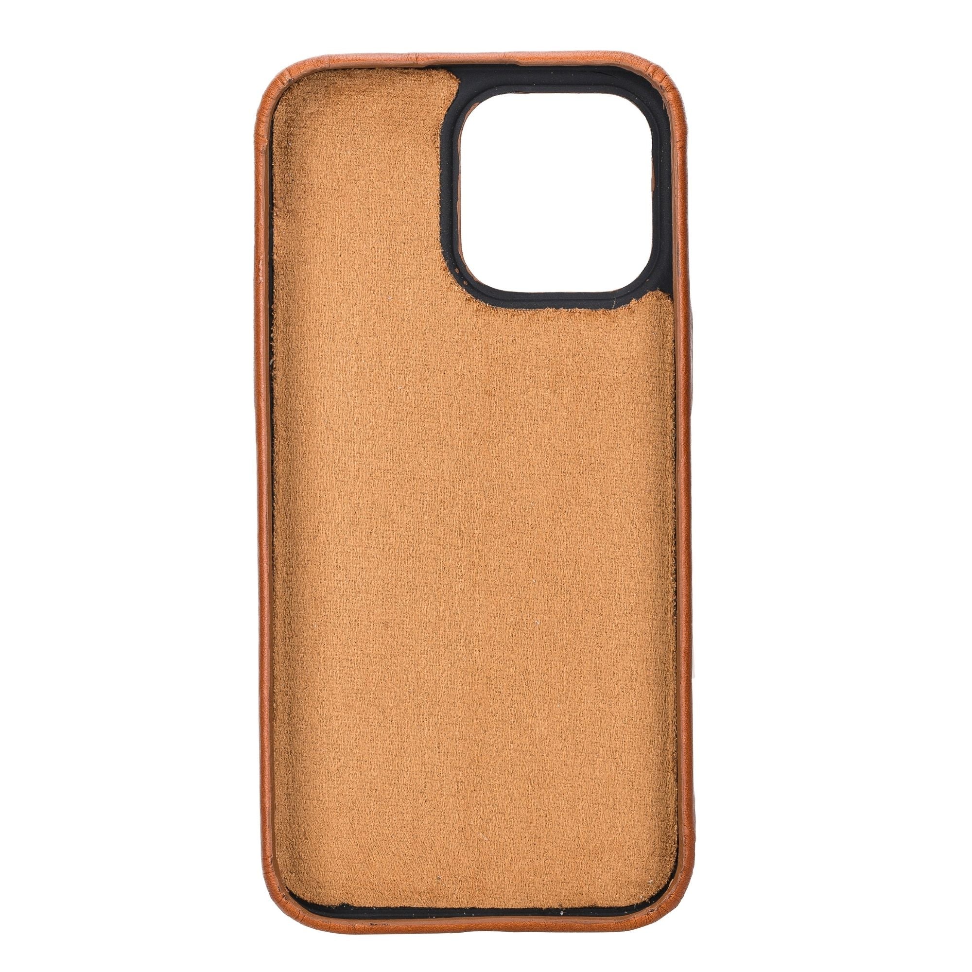 Tan leather snap-on phone case with front screen opening