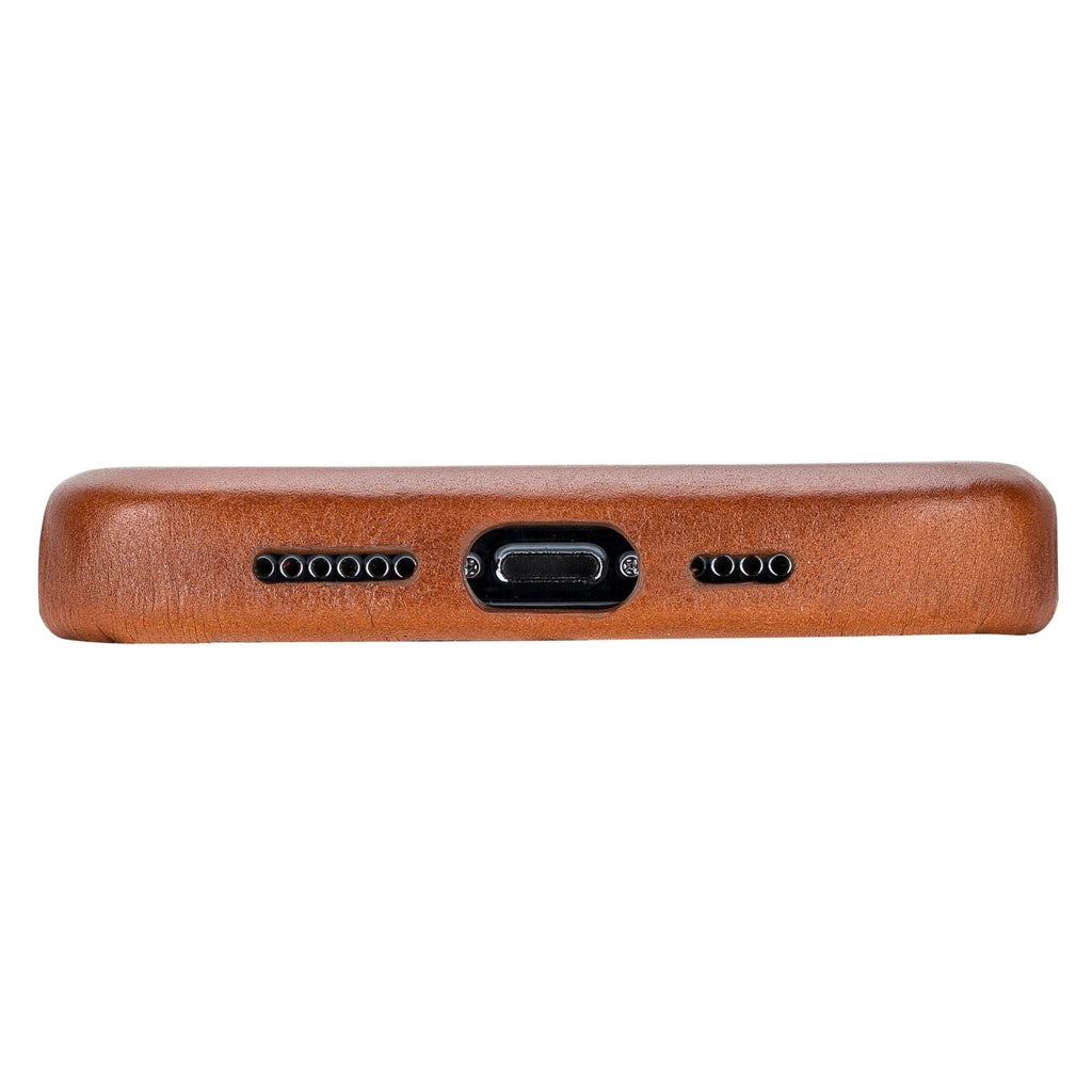 Tan leather snap-on phone case side view with port and button openings