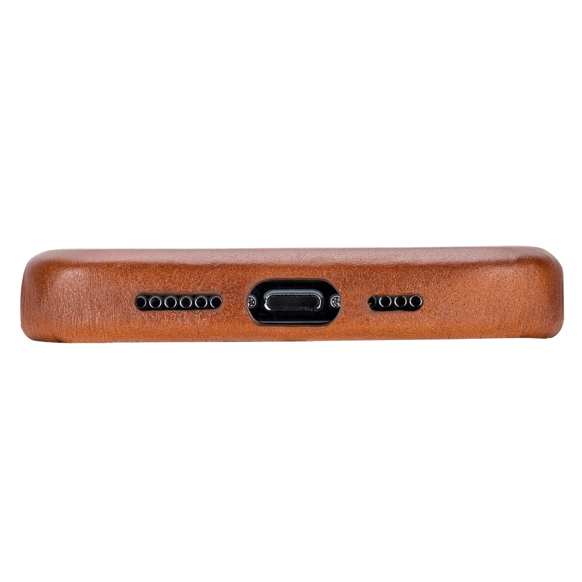 Tan leather snap-on phone case side view with port and button openings
