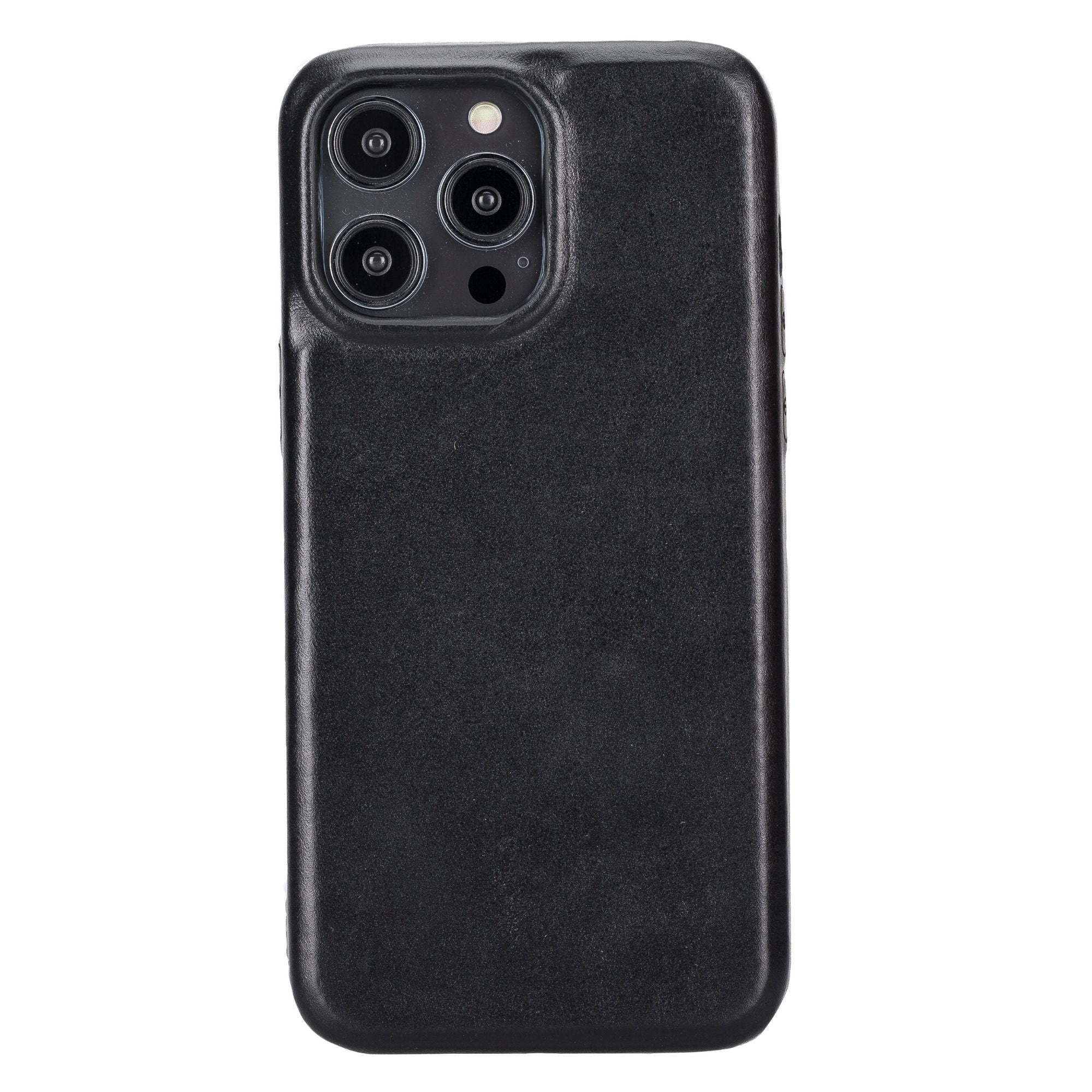 Black leather snap-on phone case with triple camera cutouts