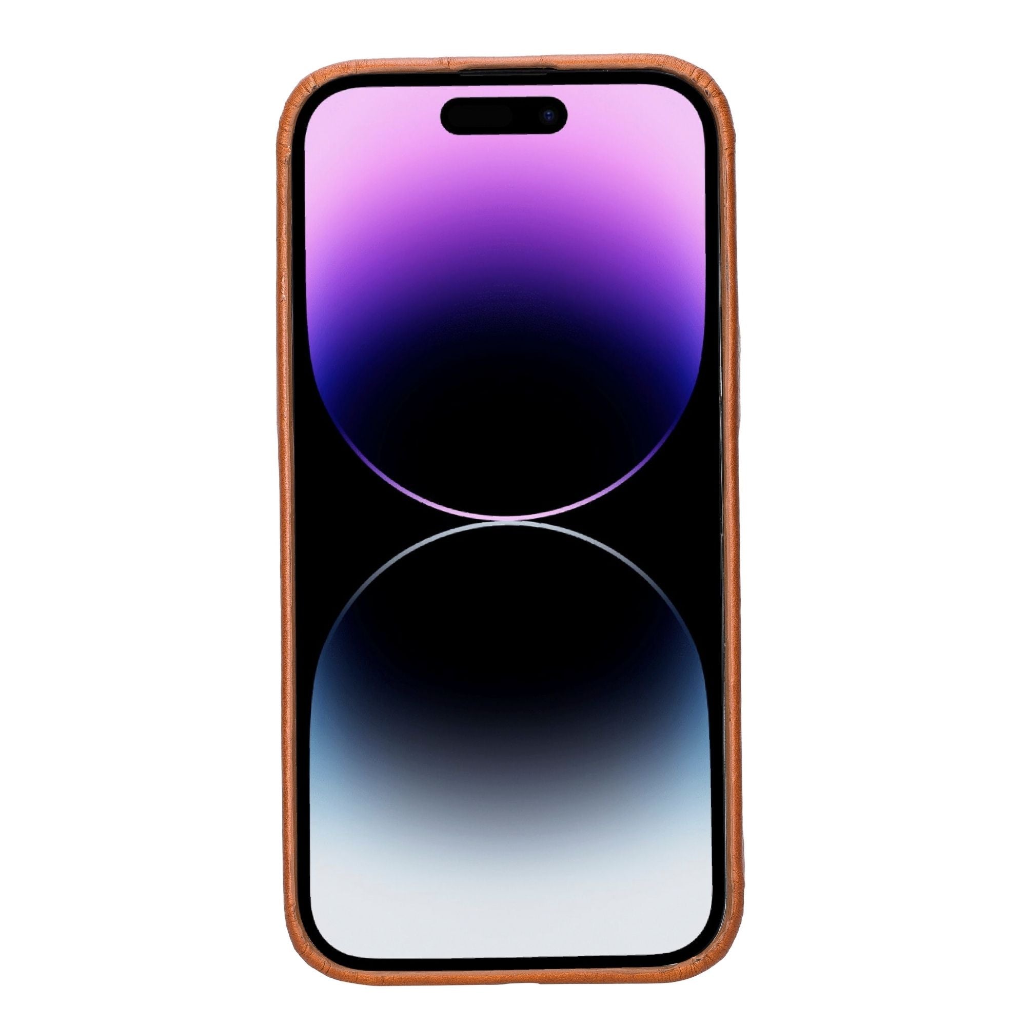 Tan leather snap-on phone case with camera cutouts for iPhone 13