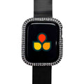 Rhinestone watch case cover with black fabric band and multicolor icon on dark screen
