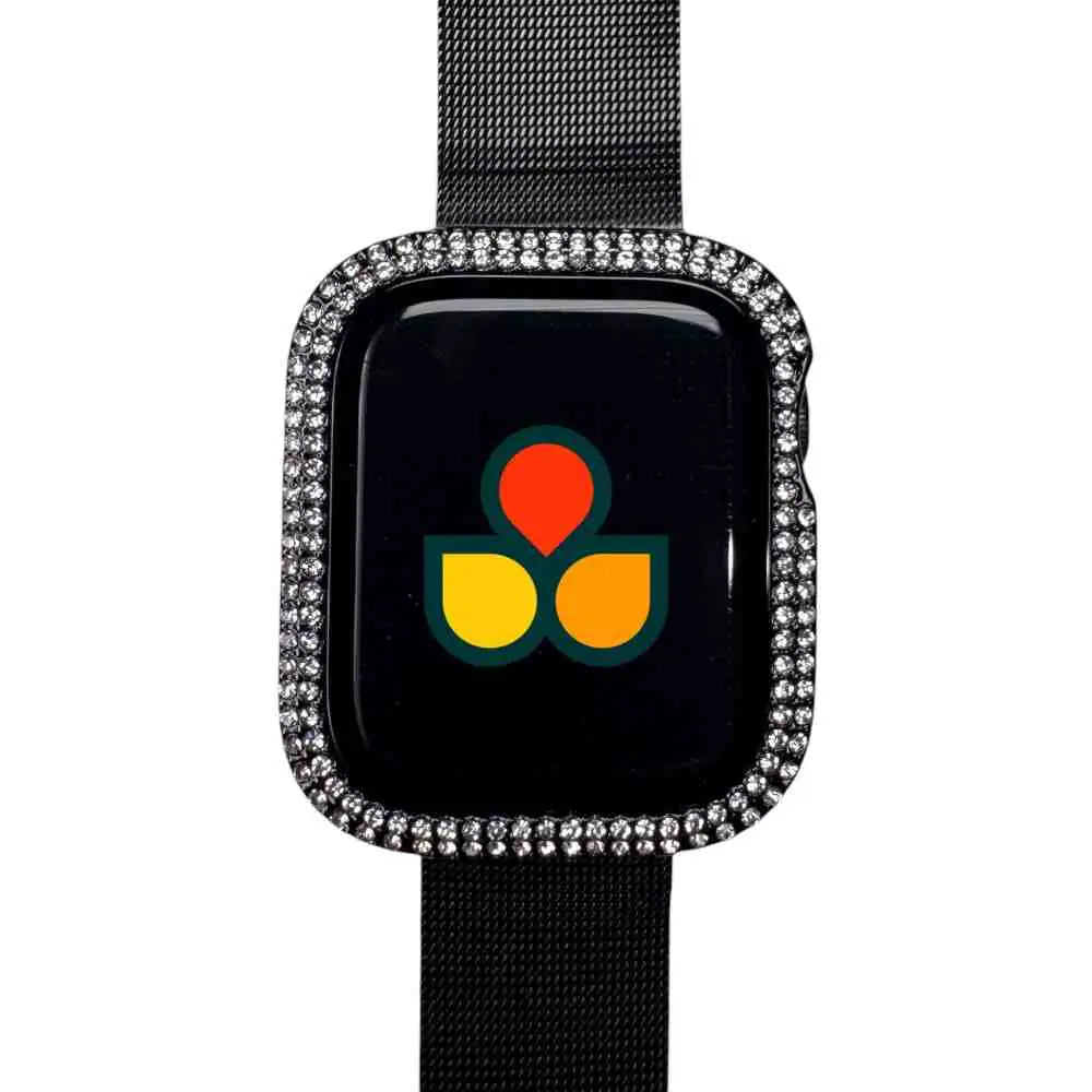 Rhinestone watch case cover with black fabric band and multicolor icon on dark screen