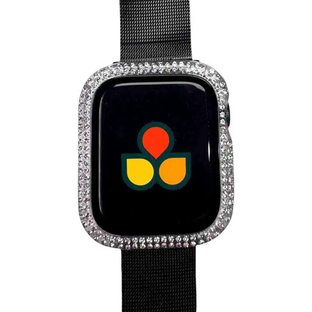 Rhinestone smartwatch case cover with black strap and colorful app icon on display