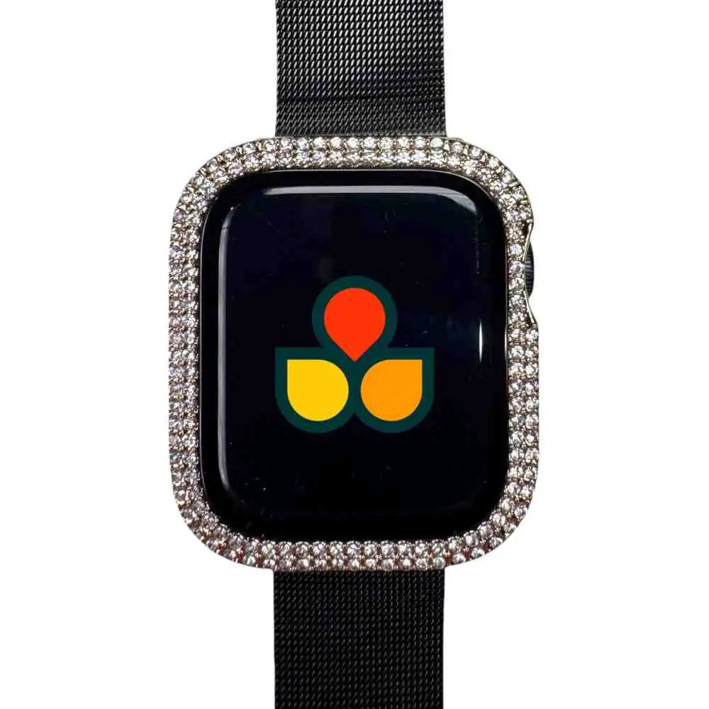 Square smartwatch protector with silver rhinestone border and black strap