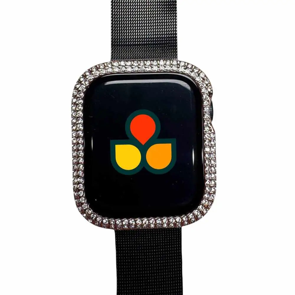 Rhinestone smartwatch cover with multicolor icon on dark screen and black mesh band